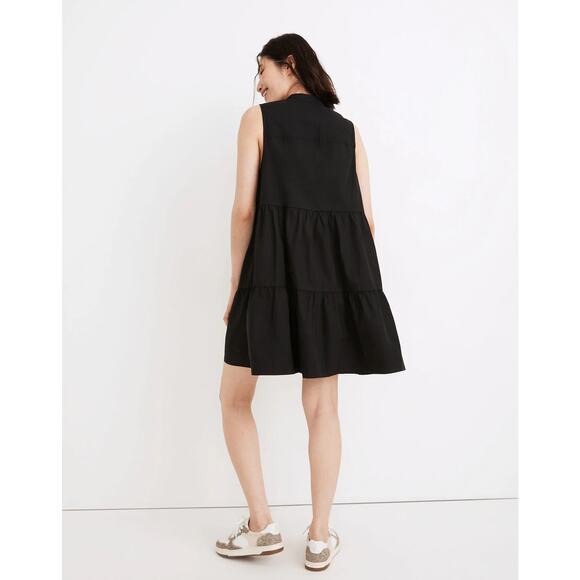Madewell Black Gray Sleeveless Tiered Button Down Mini A-Line Shirt Dress Sz XS - Picture 3 of 9